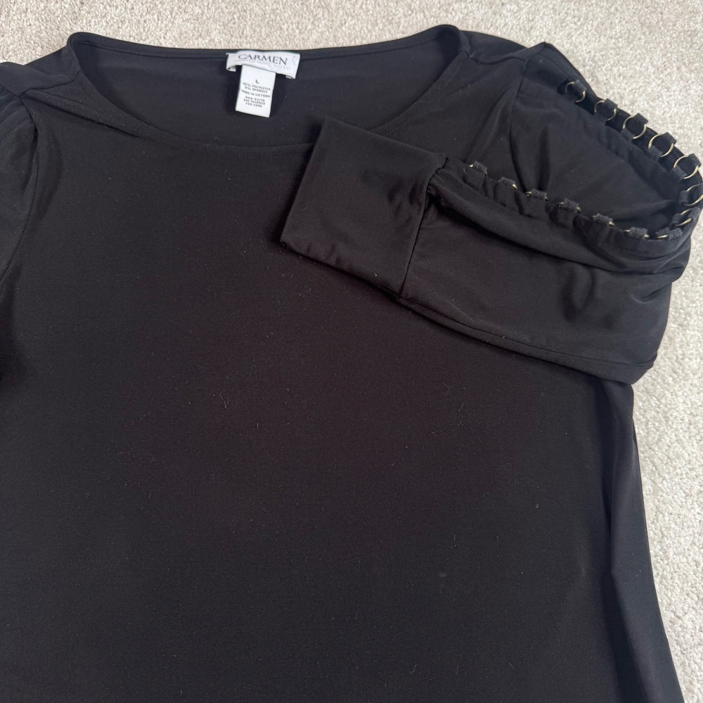 Carmen Marc Valvo Womens Black Gold Ring Cut Out Shoulder Long Sleeve Top Large